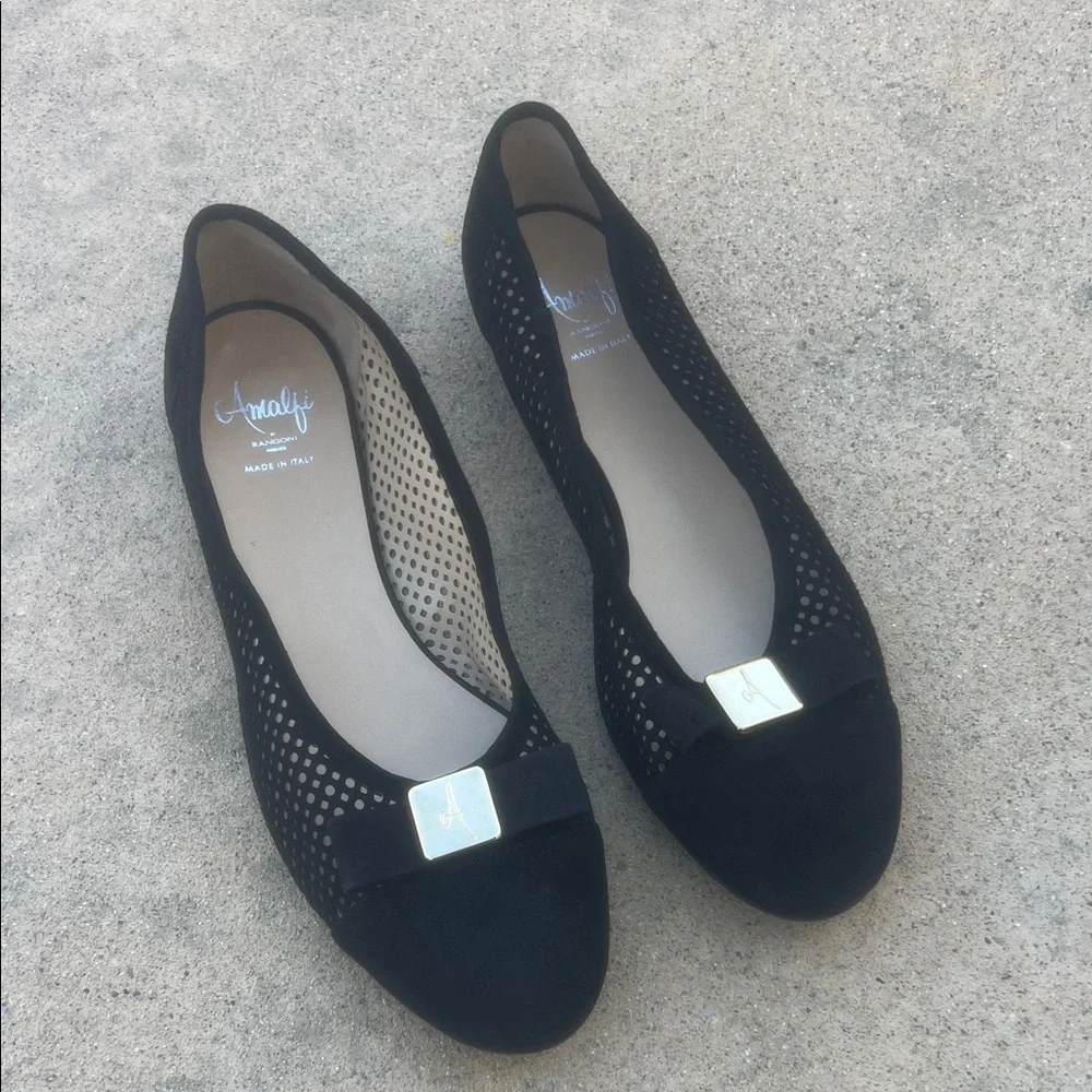 Amalfi by Rangoni Black Suede Bow Tie Gold Detail Flats Women's Size 11